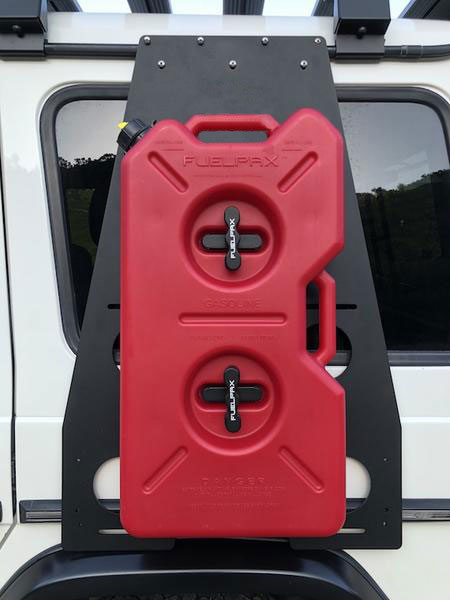 Mercedes G Class Fuel Carrier rotopax mounted to W463 side utility rack extra fuel storage for Gwagon overlanding and camping trips