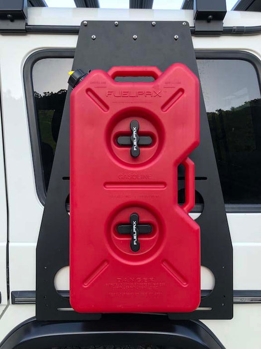 G-Wagen external fuel tank side mount including Rotopax Fuelpax 4.5 Gallon mounted to Gwagen Side Utility Rack, expand your range on your next Gwagon adventure. External fuel tank for Merdedes G-Class