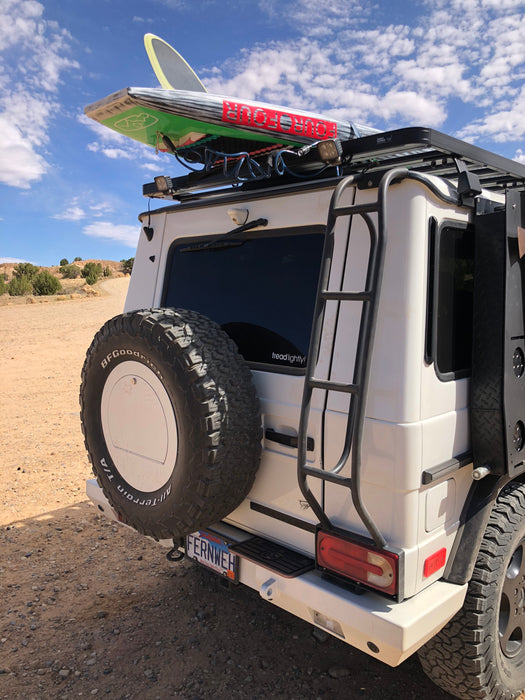 g-wagen roof ladder for easy access to your roof rack, rear ladder Gwagen parts and accessories. No drilling into the body of your Gwagen required. retain the resale value of your G-Class Gwagon mod