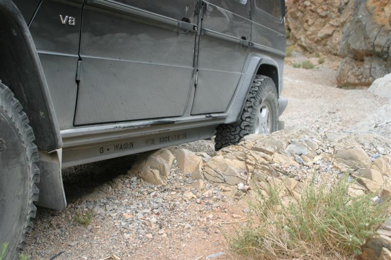 Close encounter with sharp rocks testing Gwagon rock sliders out in the field for all W463 solid protection
