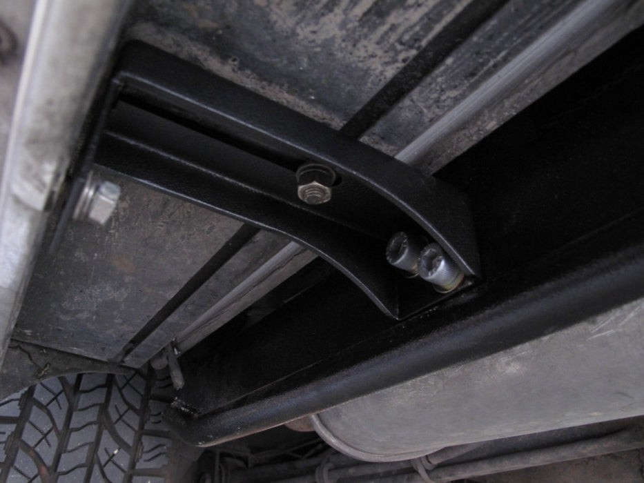 Gwagon RB Bracket kit to mount the OEM running boards to rock slider installed, showing from underneath